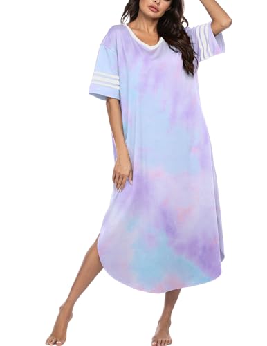 Image of Ekouaer Long Nightgown, Womens V Neck Loungewear Oversized Sleepwear Loose Sleep Dress S-4XL