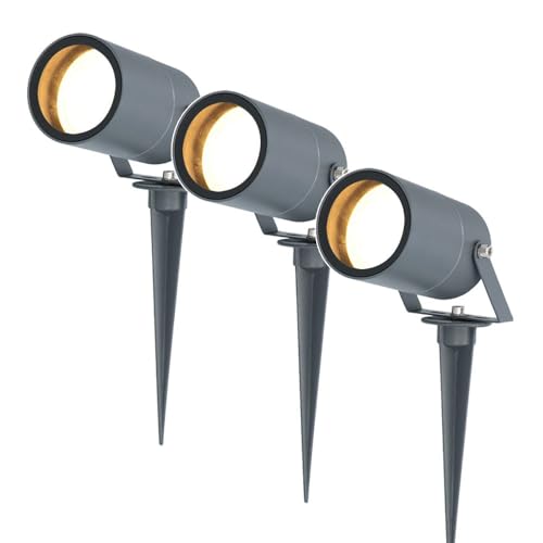HOFTRONIC 3er Set Spikey LED Gartenstrahler Aluminium - IP65 Wasserdicht - GU10 Fassung - Dimmbar - Erdspießstrahler Anthrazit (RAL7016)