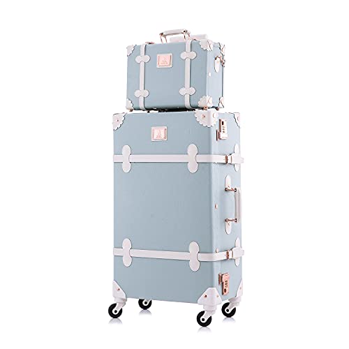 Image of UNIWALKER Vintage Suitcase Set for Women, 2 Piece Handcraft Leather Spinner Trunk Luggage with Cosmetic Train Case, 24 inch+12 inch, Embossed Blue