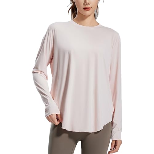 Generisch Camiseta deportiva de manga larga para mujer con dobladillo redondeado - Top de yoga holgado con cuello redondo | Camiseta funcional transpirable para entrenamiento y tiempo libre, L