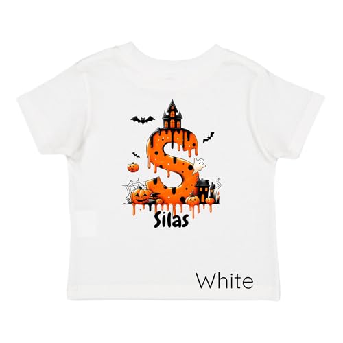 Personalized Halloween Kids Shirt - Custom Name Letter T-Shirt, Pumpkin and Haunted House Design, Halloween Gifts for Children