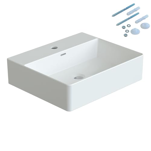 YAKE Aufsatzbecken Keramik Aufsatzwaschbecken 50x 42x 13,5cm Bad Waschplatz Waschbecken Handwaschbecken klein Gäste wc weiß mit Wasserhahnloch und Überlauf rechteckig Design