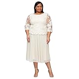 Alex Evenings Women's Plus Size Tea Length Lace Mock Dress, Taupe, 16W