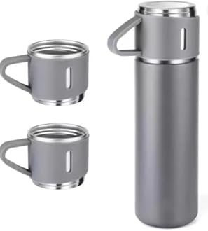 Vacuum Flask Gift Set Bottle with 3 Cups Flask 500 ml Flask (Pack of 1, Black, Steel) (Grey)