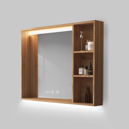 Moderno botiquín con luz LED con espejo y estante de almacenamiento, armario de baño grande montado en la pared (70 x 75 cm)