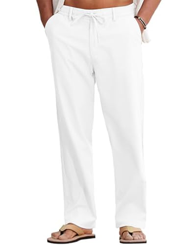 Pantalon en lin homme blanc léger long coupe confortable vêtement été