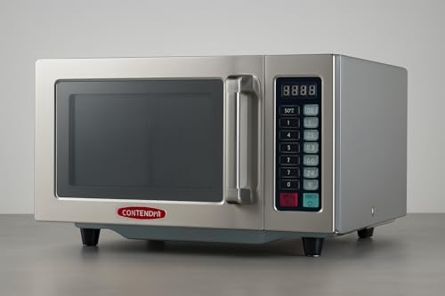 Close-up of the easy-grip handle and programmable buttons on a professional 25L microwave oven