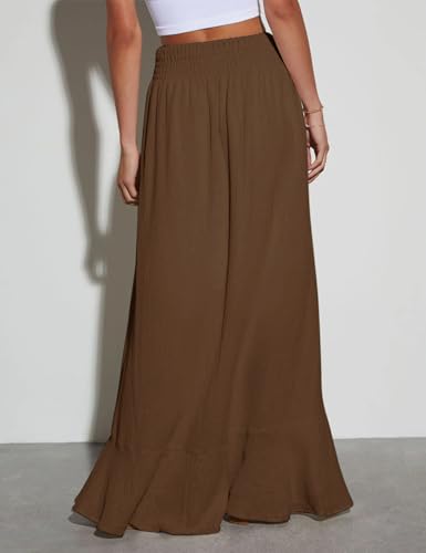 Image of Minclouse Women's Elastic Tie Waist Button Down Maxi Skirts Casual Loose Flowy Swing Slit Front Dress