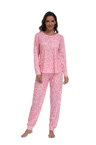 SWOMOG Womenâ€™s Pajamas Set Long Sleeve Sleepwear with Pants 2 Pieces Cozy Modal Loungewear Pj Set Pink Leopard