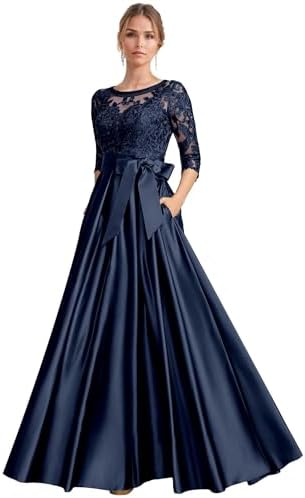 Satin Mother of The Bride Dresses for Wedding Round Neck Lace App...
