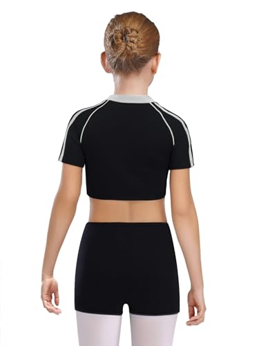 Kids Girls Color Block Sports Set Dancewear Short Sleeve Crop Top with Shorts for Stage Performance2
