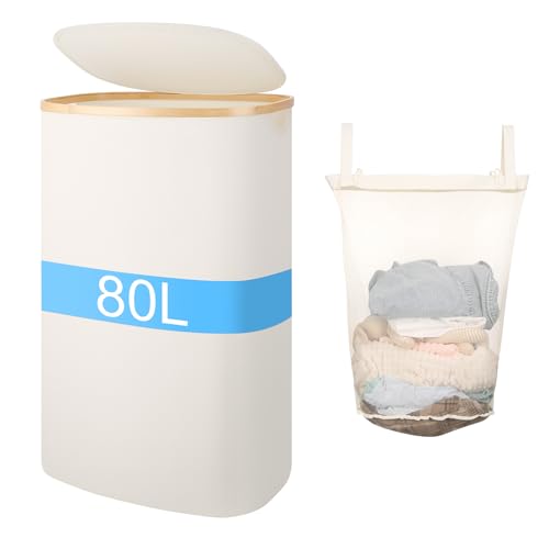 Slim Laundry Basket with Lid, 80L Narrow Laundry Hamper with Removable Bag, Clothes Hampers for...
