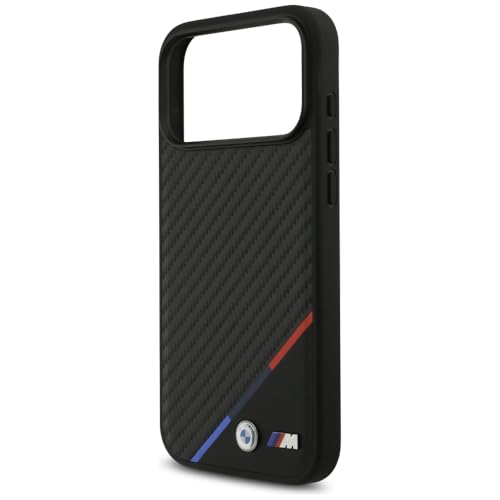 Image of CG MOBILE BMW [Official Licensed] Protective Case Designed for iPhone 17 Pro Max |Magnetic Compatible|M Collection|Pu Leather Case Carbon & Tricolor Stripe with Metal Logos -Black