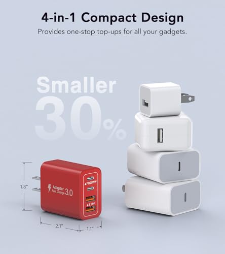 Image of [2Pack] 40W USB C Wall Charger, Super Fast Charging Block PD+QC 4 Port Charger Cube for iPhone 17 /16,iPad Pro /Mini /Air, iPod Nano, iPod Touch, Switch, Smart Phone, Smartwatches and Tablet(Red)