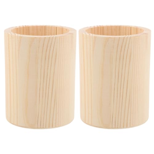FUOYLOO 2 Portalápices de Madera de Pino Natural, Organizador de Escritorio sin Terminar, Diseño Redondo para Bolígrafos y Pinceles de Maquillaje, Soporte DIY para Oficina y Hogar, 2