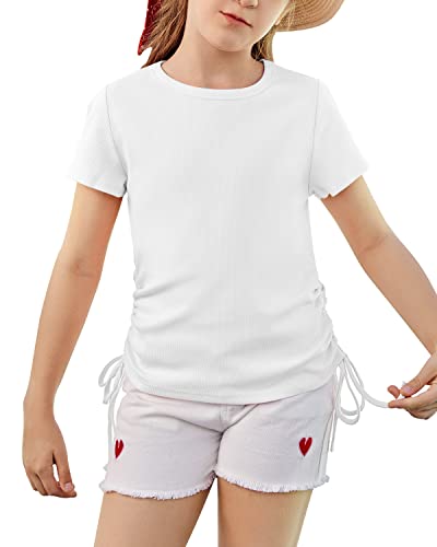 Image of Imily Bela Girls Tees Shirts Cute Crew Neck Short Sleeve Side Drawstring Solid Tops Kids Children Summer Clothes