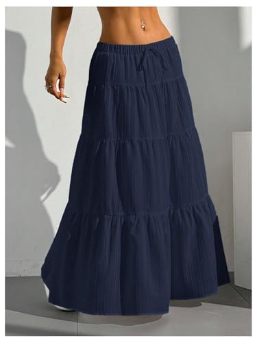 Image of Verdusa Women's Long Maxi Skirt Boho Flowy Flared Ruffle Skirts 2026 Beach Vacation Summer Going Out Outfits