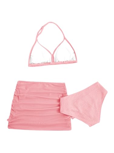 Image of SHENHE Girl's 3 Piece Swimsuits with Cover Up Skirt Halter Triangle Bathing Suits Bikini Set