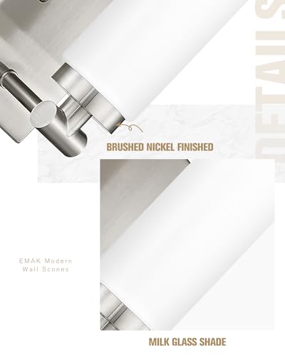 Image of Emak Brushed Nickel Wall Sconces, 2 Light Bathroom Light Fixtures with Milk Glass Shade, Modern Wall Lights for Bathroom, Mirror, Living Room, Bedroom, Gallery, WS086-BN-ML-2PK