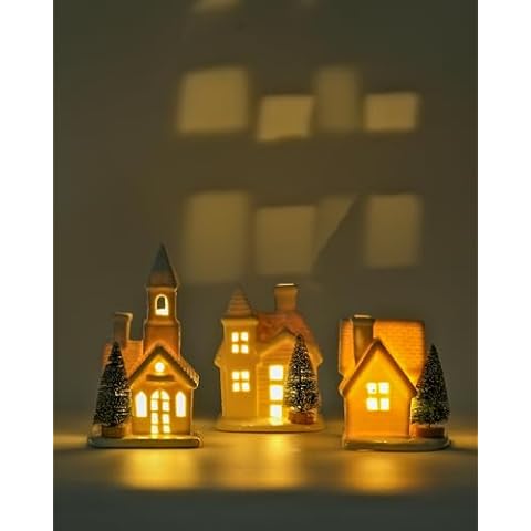 DN DECONATION Light up Christmas Ceramic Village Houses White Christmas Porcelain Village with Frosted Bottle Brush Xmas Trees Holiday House Figurine for Winter Table Decoration 3Pcs Cover