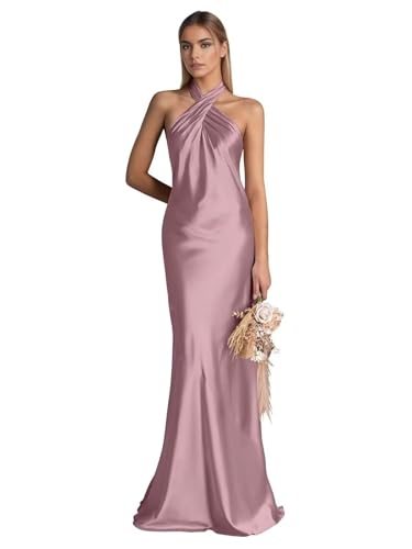 RYANTH Satin Mermaid Bridesmaid Dresses for Women Halter Long Prom Dress 2025 Ruched Formal Evening Gowns