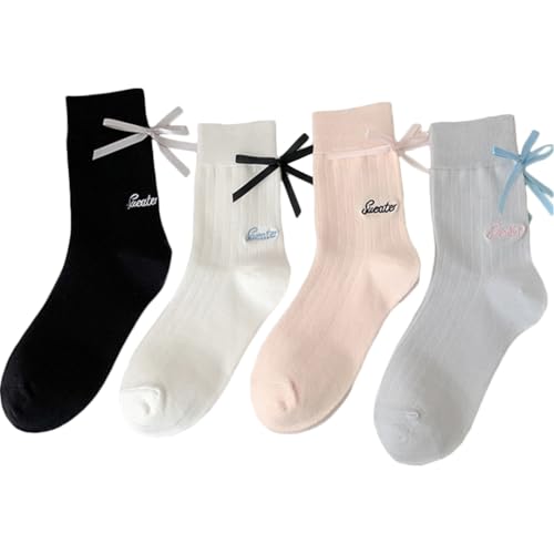 Image of Women's Bow Crew Socks - Cotton Sweet Lolita Dress Breathable Soft Girls' Socks - 3 Pairs