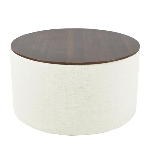 HomePop Modern Fabric Storage Ottoman with Wood Top - Stain-Resistant Cream Woven 30 x 30 inch