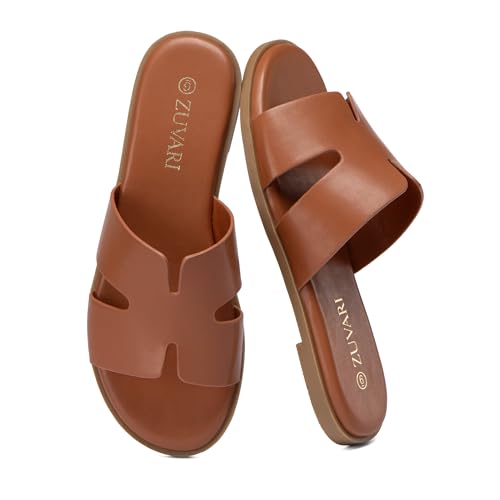 ZUVARI Brown Leather Sandals for Women Slide Flat Sandals Vintage Open Toe Sandals...