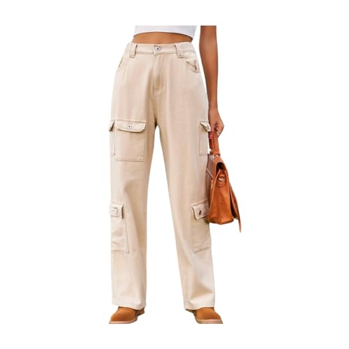 Women's Cargo Jeans Baggy Wide Leg Combat Military Trousers High Waisted Denim Pants Trendy Stretchy Tactical Pants Hiking Pants Beige XL