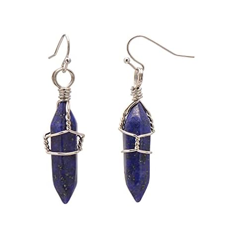 Paialco Hand Wired Healing Crystal Point Chakra Dangling Earrings for Women, Gemstone Metal, Lapis Lazuli Cover