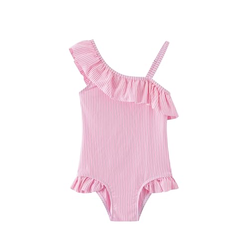 Image of LIZENS Girls One Piece Swimsuit, One Shoulder Ruffled Hem Bathing Suit Swimwear for Summer, Flounce Striped Girls Bikini