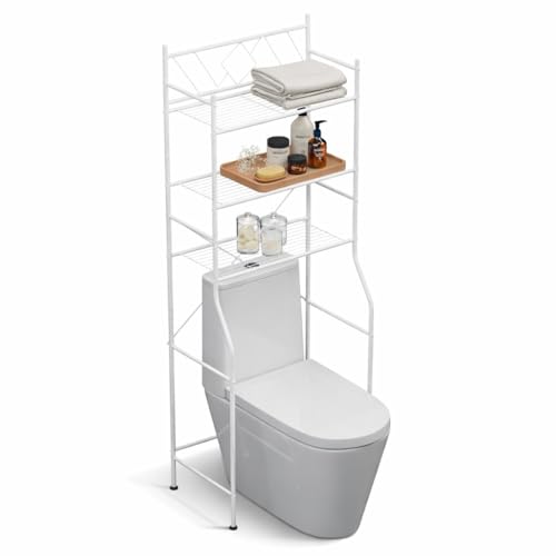 Image of Home Zone Living Over-the-Toilet Bathroom Storage Cabinet Organizer | Freestanding Steel Frame Design with 3-Tier Shelves, Wide Stabilizing Base and Adjustable Feet, White