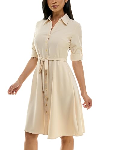 Image of Sharagano Women's Pleated Shirt Dress - 3 /4 Sleeve, V-Neck, Gold Buttons
