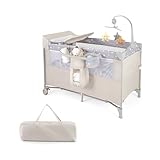 Reisebett 64 FANTASK 5 in 1 Faltbares Babybett, Beistellbett Baby mit Rollen, Spielbogen & Wickelauflage, Reisebett mit Matratze und Tragetasche, Mobiles Kinderreisebett für Baby bis 3 Jahren (Beige)
