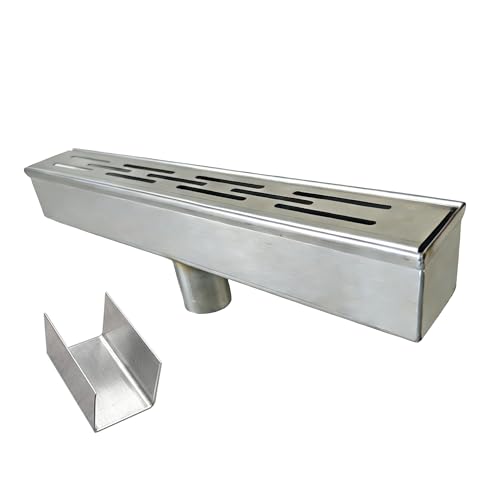 304 Stainless Steel Trench Drain Kit,Narrow Channel Drain with Grate & Coupling, Outdoor Drainage for Pool Deck/Yard/Driveway/Garage (1, Silver-Gray Accessories, 2INx1.2IN End Cap Bottom Outlet)