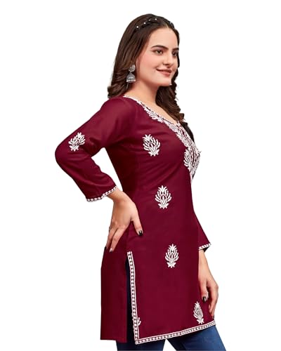 Image of Women's Rayon Chikankari Embroidered Short Kurti | Lucknowi Work Kurta