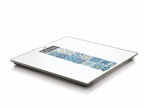 LAICA Bilancia elettronica alimentato a batteria, Mediterranean Breeze, Design Ispirato Dalle Maioliche -Vetro Temperato, Ampio Display LCD, Design Dottile, Bilancia Pesapersone, Fino a 180 kg-Blu