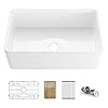 KIBI K2-SF30T Single Bowl Heat Safe Glazing Fireclay Farmhouse Kitchen Workstation Sink 30 inch with Bottom Grid, Strainer, Bamboo Cutting Board and Roll Up Tray, (Pure series) (White)