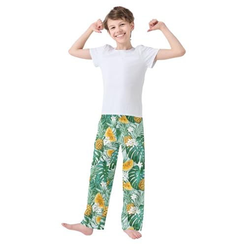 ZZXXB Pineapple with Palm Leaves Boys Long Pants Soft Trousers Elastic Waist Kids Lounge Bottoms with Pockets S-XL2