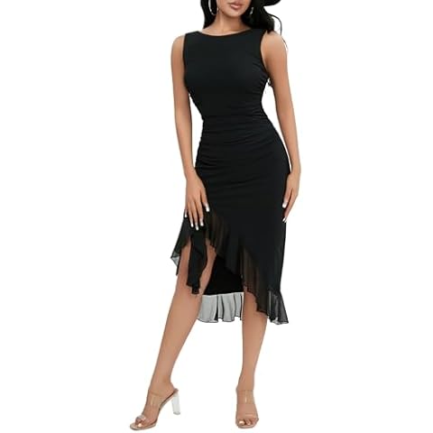 Chloefairy Women's Summer Midi Bodycon Sleeveless Backless Ruffle Hem Mermaid Cocktail Elegant Tank Dress (as1, Alpha, m, Regular, Regular, Black) Cover