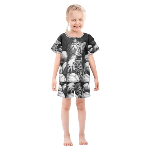 ALAZA Baseball Cat Kitten Funny Pajamas Set Short Sleeve Cotton Sleepwear Summer Pjs 2 Piece 5-14Y3