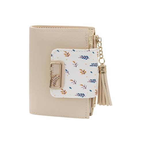 Cute Wallet for Women PU Leather Short Women Wallet with Tassel Pendant and Wheat Ear Pattern, Bifold Wallet with 5 Credit Card Slots, ID Window and Zippered Coin Pocket (Beige)