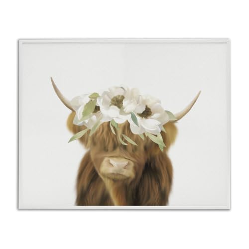 Highland Cattle Flower Crown Farmhouse, 24 x 30 Inch Framed Giclée Print
