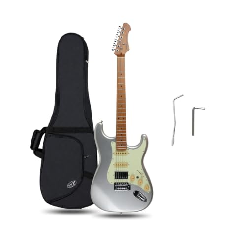 Image of SEST600 HSS Strat Electric Guitar | Roasted Maple Neck | Coil Split Humbucker | 22 Frets | 5-Way Switch | Gloss Finish | Premium Tremolo System | Strat Style Electric Guitar (SILVER SURFER)