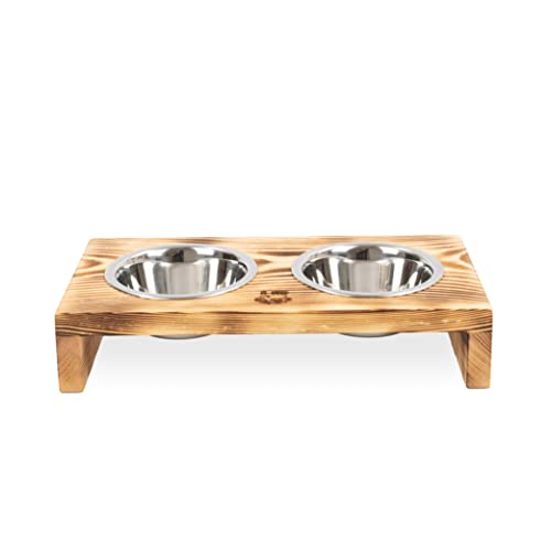 RF - DEER Hunde Futterstation mit 2 Edelstahlnäpfen | Futternapf Erhöht aus Holz | Fressnapf Katze, Hundenapf, Futternapf Katzen | Einfach Sauber zu Halten | 35x18x7 cm | Klein Cover