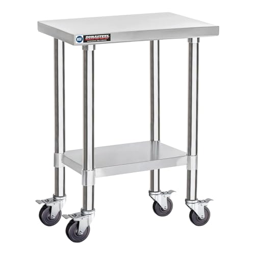 Image of DuraSteel 24x18 NSF Stainless Steel Cart Work Table - Heavy Duty Rolling Food Prep Table - Metal Utility Cart on Wheels Caster, Grill Stand Microwave Outdoor Kitchen Tables Countertop Island Large Top