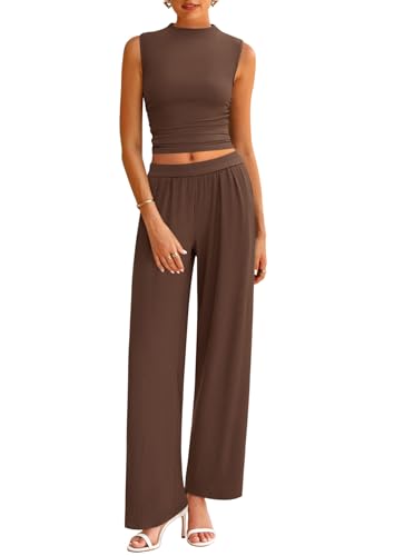 PRETTYGARDEN 2 Piece Sets for Women Summer 2025 Airport Travel Outfits Crop Tank Tops Wide Leg Pants Matching Lounge Sets4