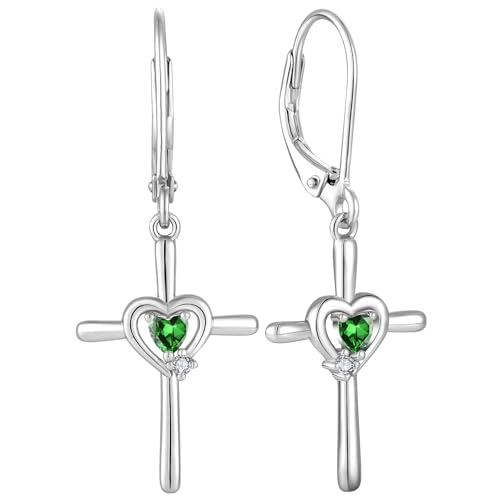 Cross Earrings Sterling Silver Opal Crucifix Dangle Drop Earrings Heart Birthstone Religious Jewelry for Women