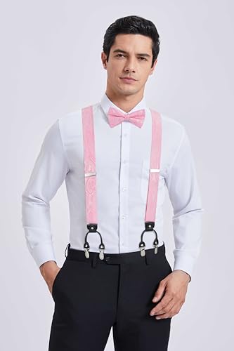 Image of HISDERN Suspenders for Men Paisley Floral Bow tie Suspender Pocket Square Sets Adjustable Y Shape 6 Clips Wedding Braces
