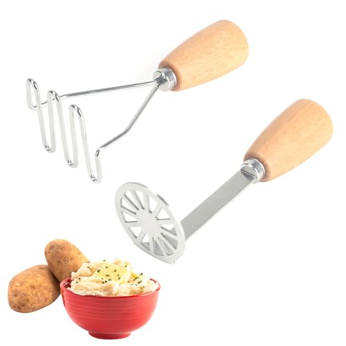 VirtuGro 2PCS Machacador de Patatas Aplastador de Patatas Prensa Patatas Acero Inoxidable Potato Masher Con Mango de Madera Para Puré de Patatas Mermeladas Verduras y Frutas
